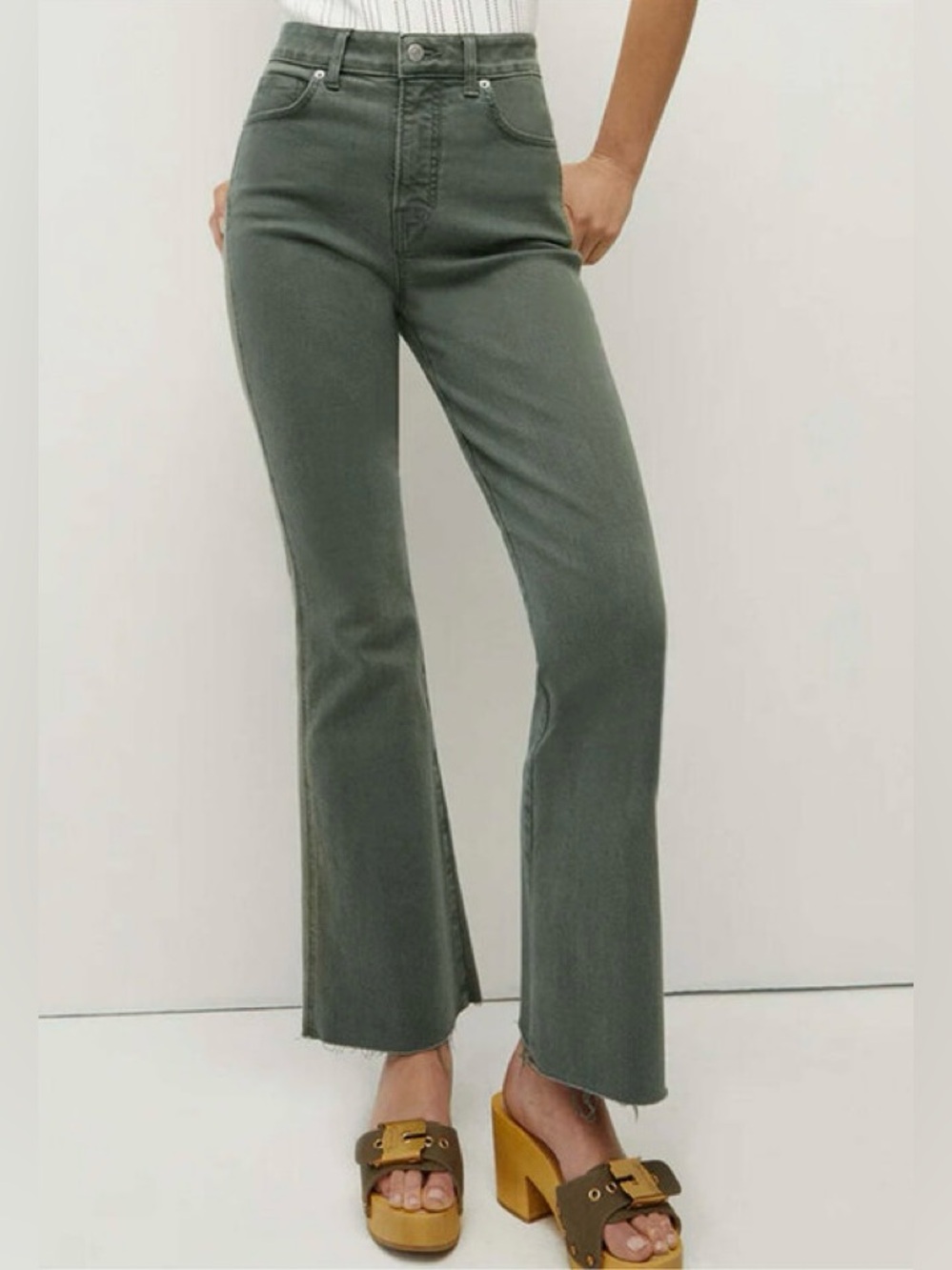 Veronica Beard Jeans Womens 28 Carson Ankle Flare High Rise Raw Hem Green Preppy
